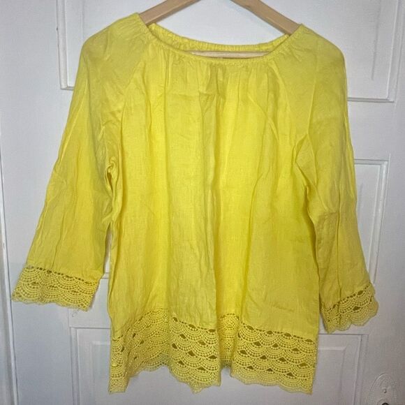 J. Crew Linen Crochet Lace Embroidered Hem Scallop Border Blouse Size Small - Picture 1 of 10